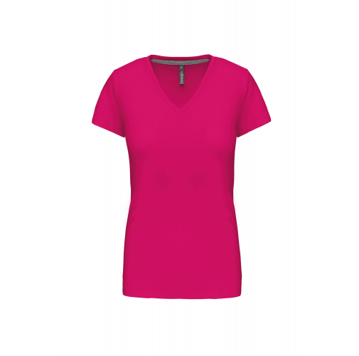 fuchsia Camiseta de manga cota y cuello de pico mujer
