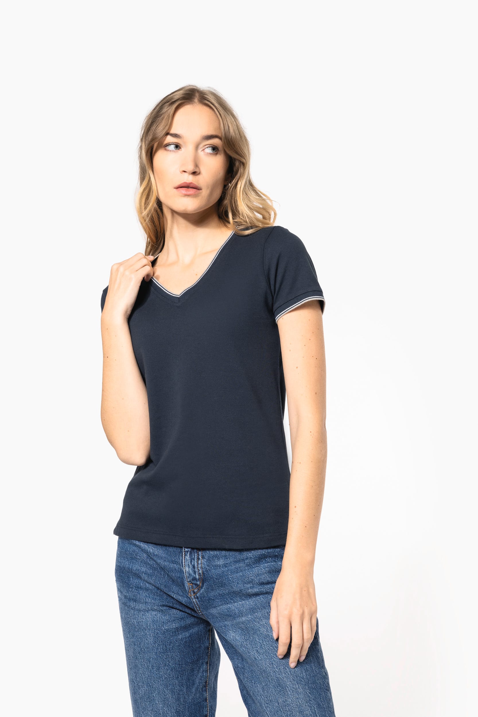 CAMISETA DE PUNTO PIQUÉ CON CUELLO DE PICO MUJER