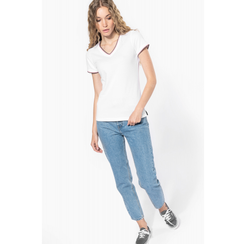 Camiseta de punto piqué con cuello de pico mujer