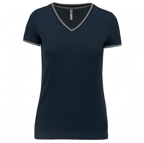 navy / light grey / white Camiseta de punto piqué con cuello de pico mujer