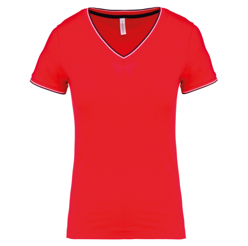 red / navy / white Camiseta de punto piqué con cuello de pico mujer