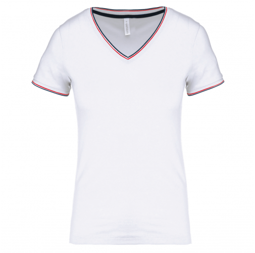 white / navy / red Camiseta de punto piqué con cuello de pico mujer