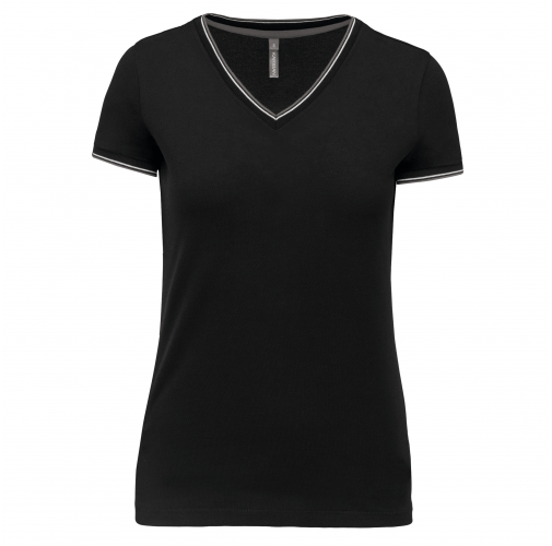 black / light grey / white Camiseta de punto piqué con cuello de pico mujer