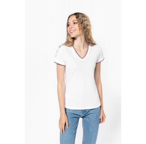 Camiseta de punto piqué con cuello de pico mujer