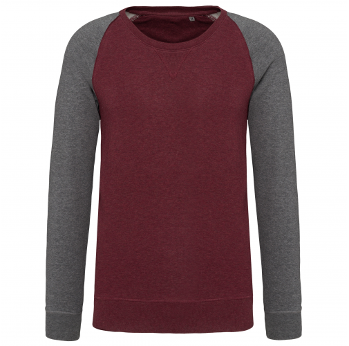 wine heather / grey heather Sudadera bicolor algodón orgánico French Terry cuello redondo mangas raglan hombre