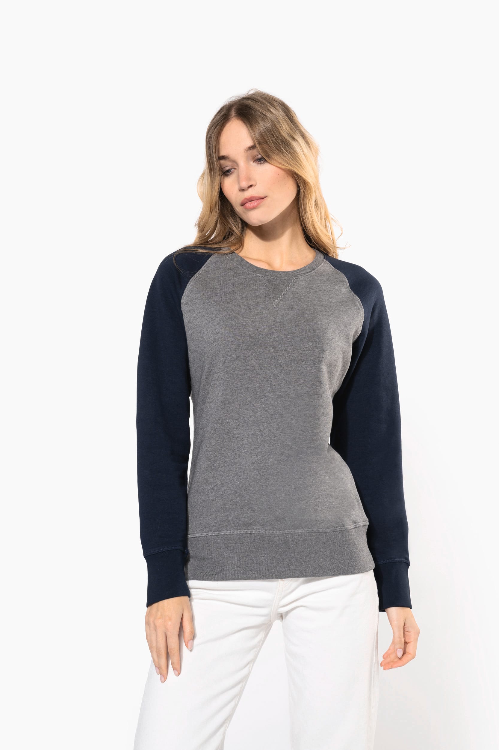 Sudadera Bi-color algodón orgánico French Terry Cuello redondo Mangas raglan para mujer