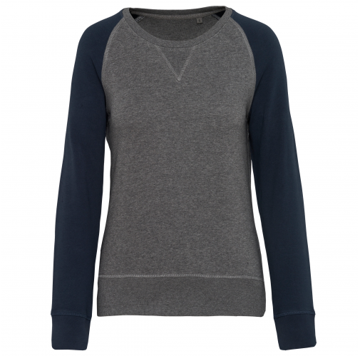 grey heather / navy Sudadera Bi-color algodón orgánico French Terry Cuello redondo Mangas raglan para mujer