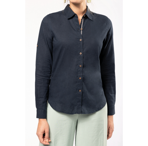 Camisa de lino y algodón de manga larga para mujer
