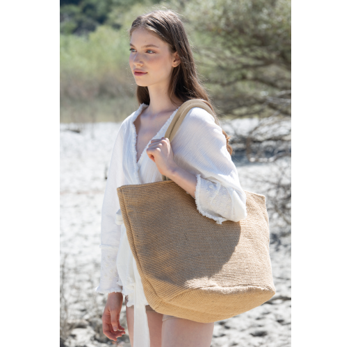 Bolsa shopper de hilo de yute tejido, efecto tejido tricotado