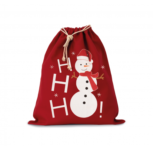 cherry red Bolsa algodón cierre cordón, diseño muñeco de nieve