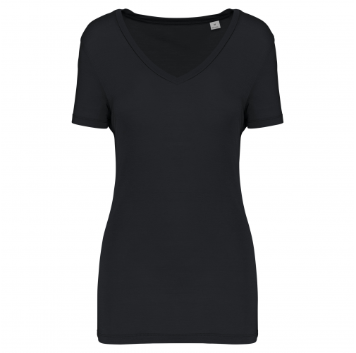 black Camiseta lyocell Tencel™ cuello de pico manga corta