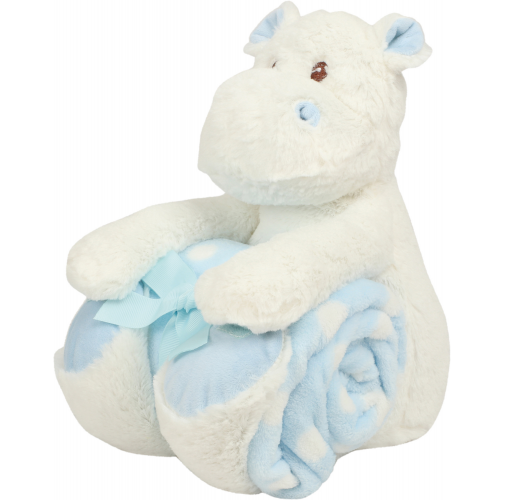 white / blue Hipopótamo de peluche con manta