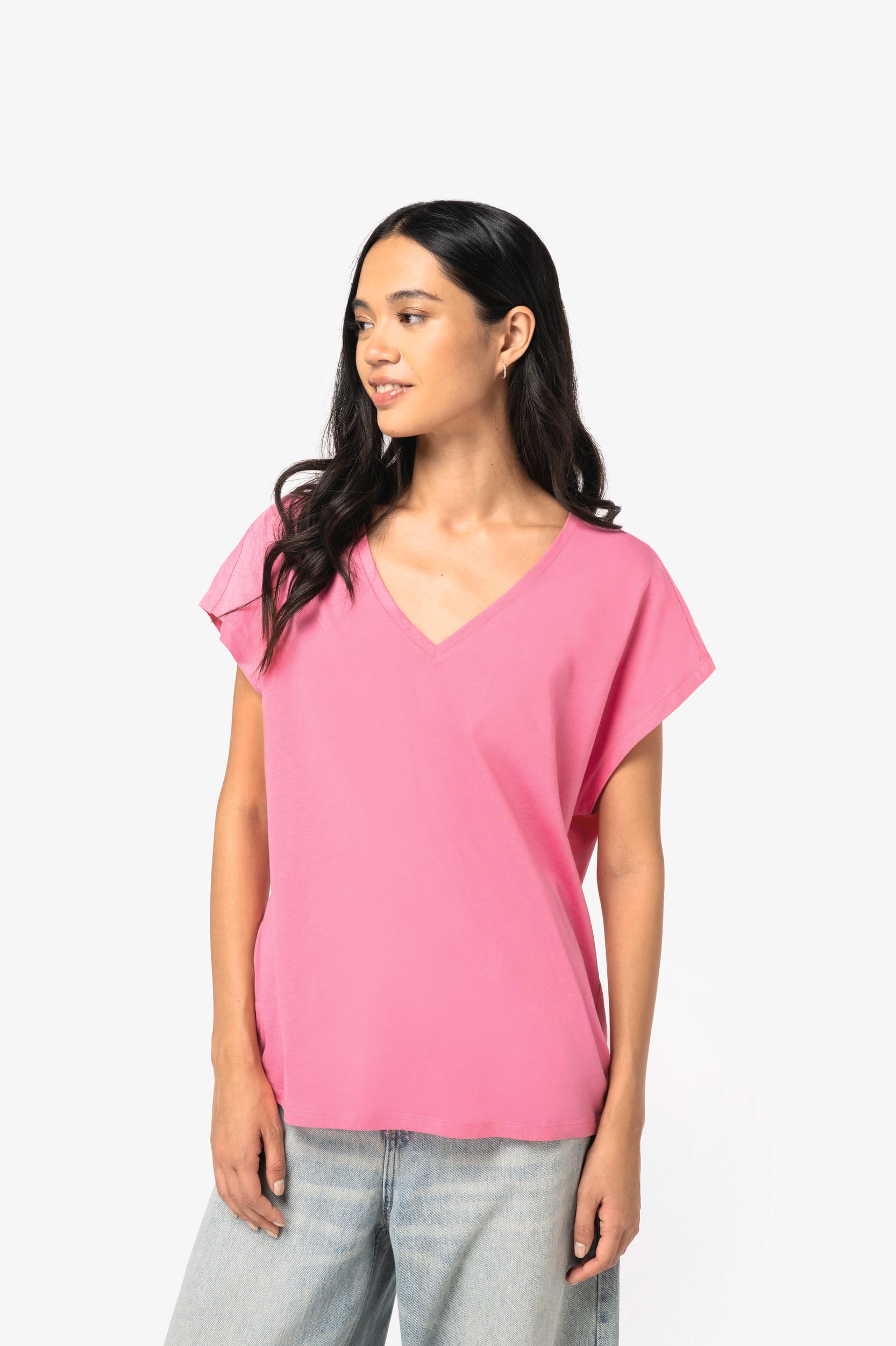 Camiseta ecorresponsable holgada con cuello de pico mujer