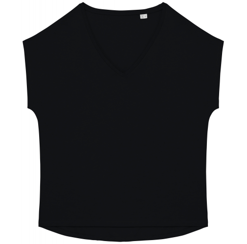 black Camiseta ecorresponsable holgada con cuello de pico mujer