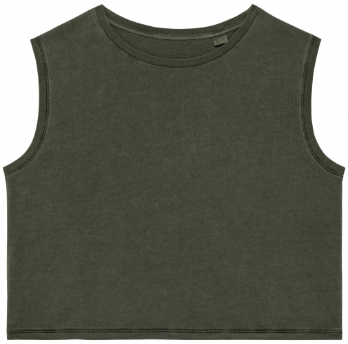 washed organic khaki Camiseta crop ecorresponsable sin mangas mujer