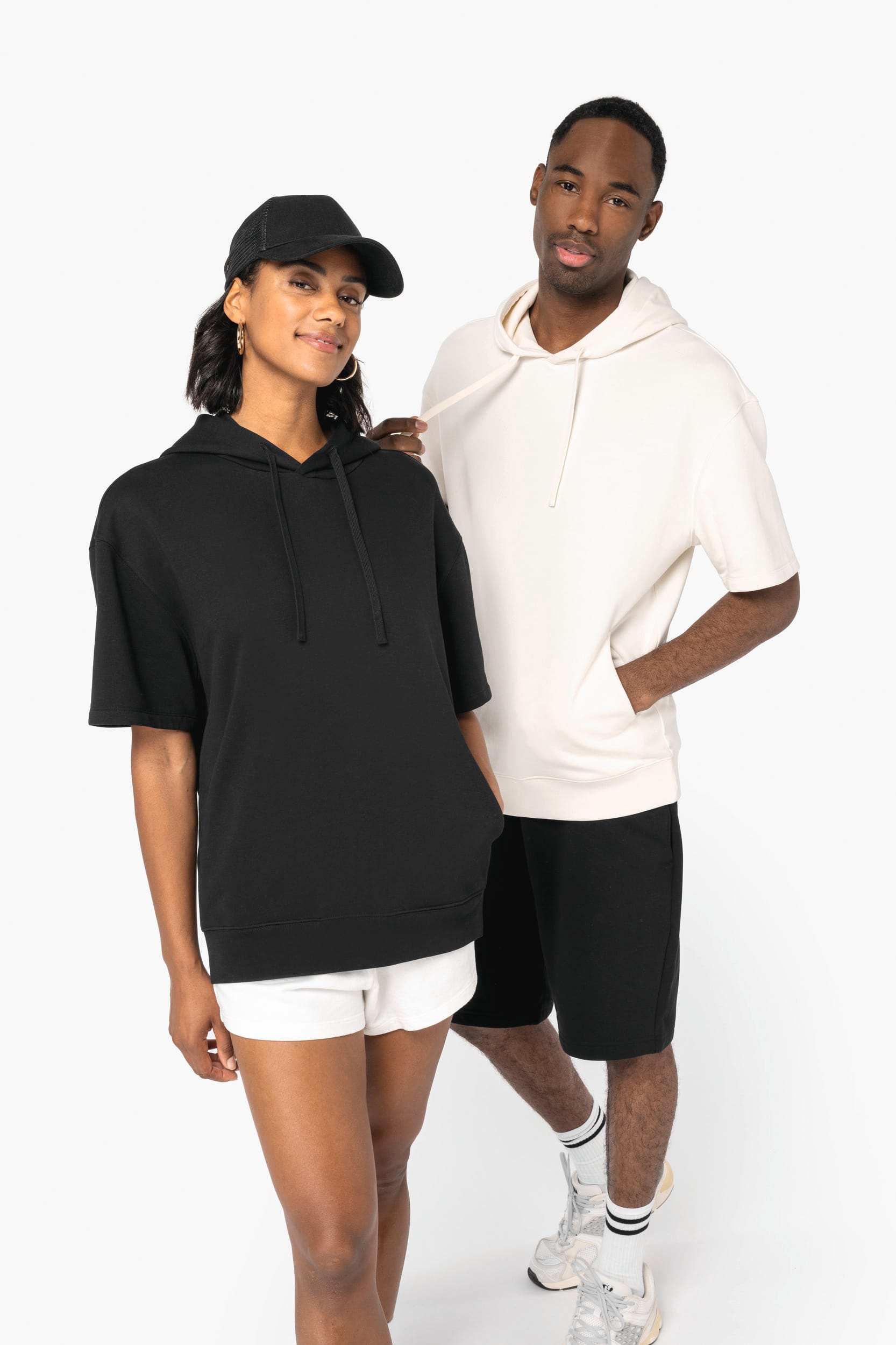 Sudadera ecorresponsable con capucha de manga corta y hombros caídos French Terry unisex