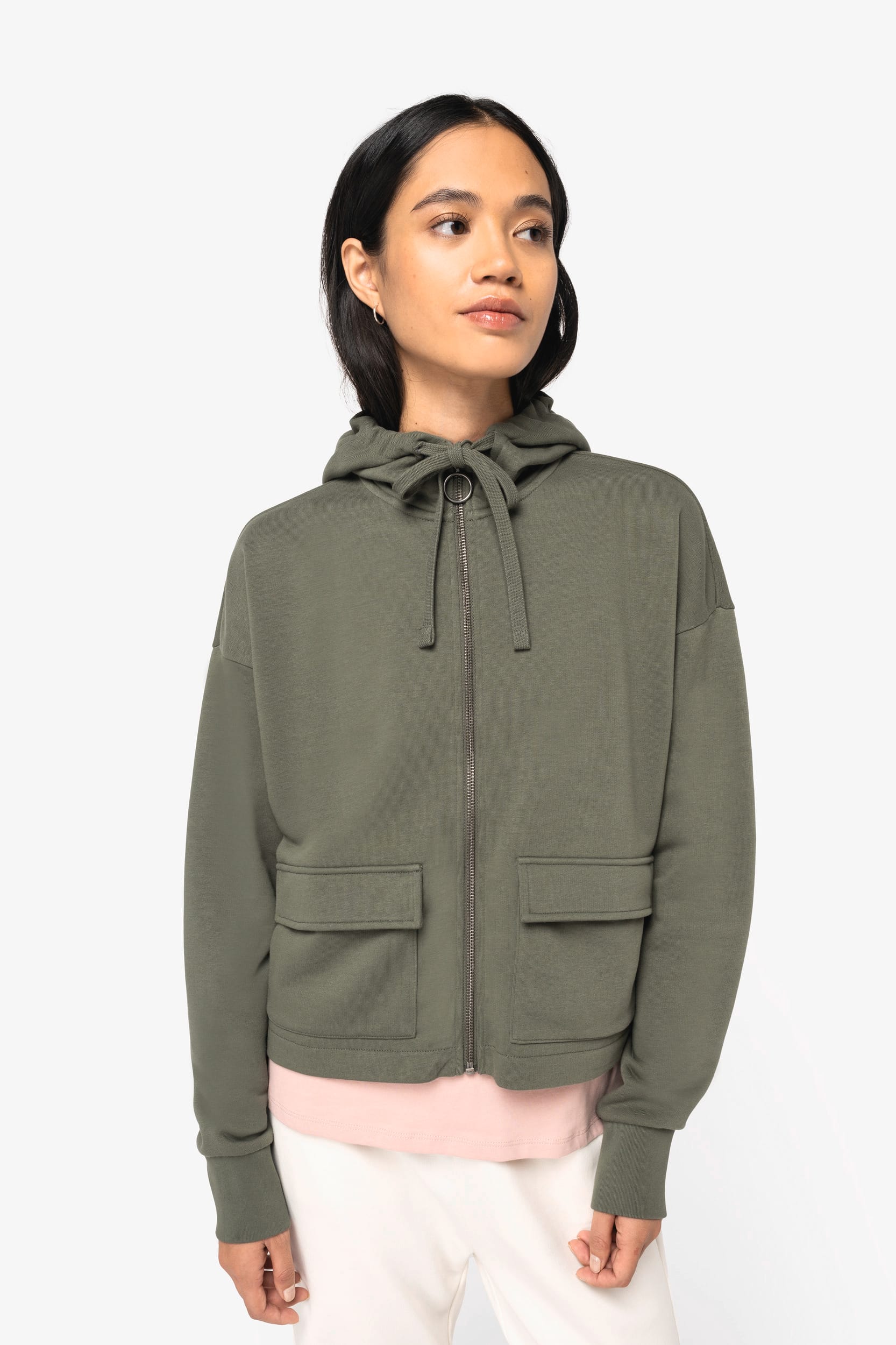 SUDADERA ECORRESPONSABLE CON CREMALLERA Y CAPUCHA FRENCH TERRY MUJER