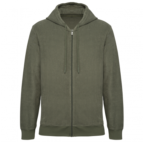 organic khaki Sudadera ecorresponsable de rizo con capucha y cremallera hombre