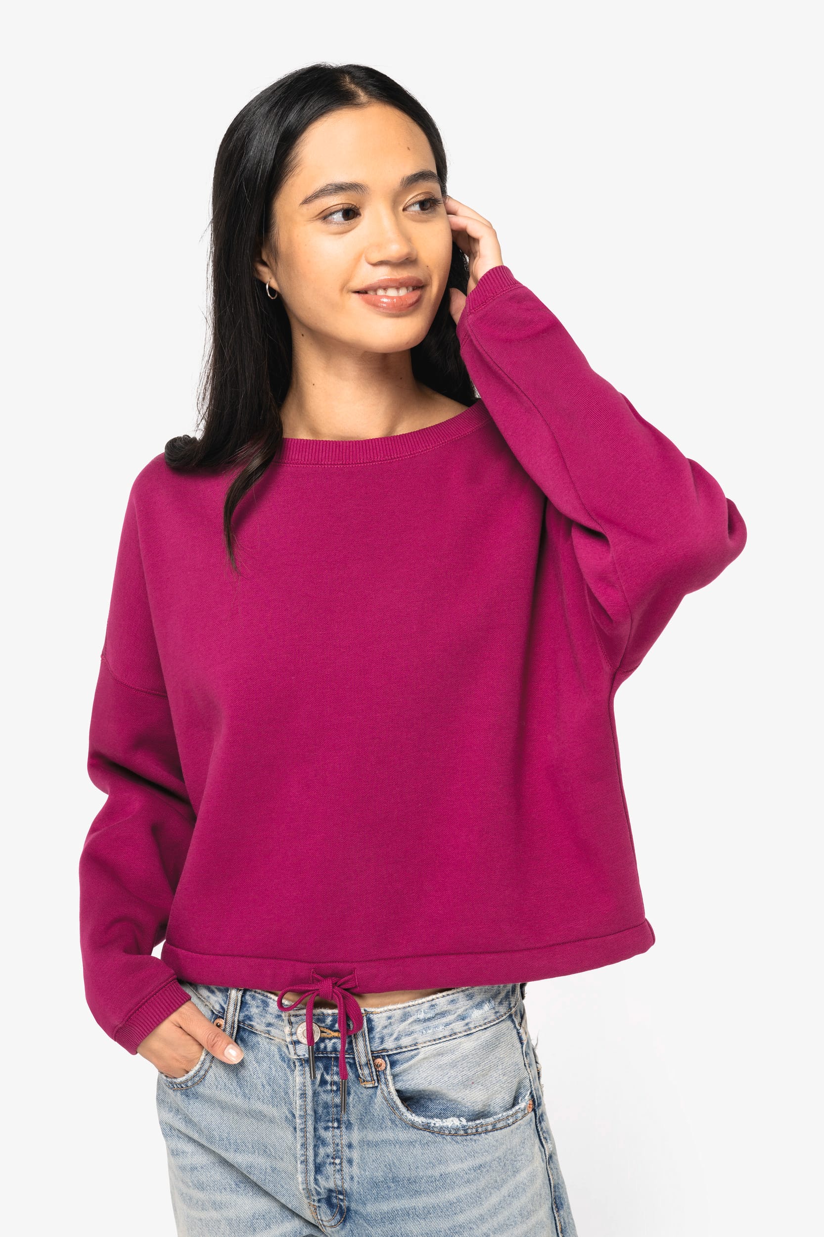 SUDADERA ECORRESPONSABLE DE CUELLO REDONDO OVERSIZE CROP MUJER