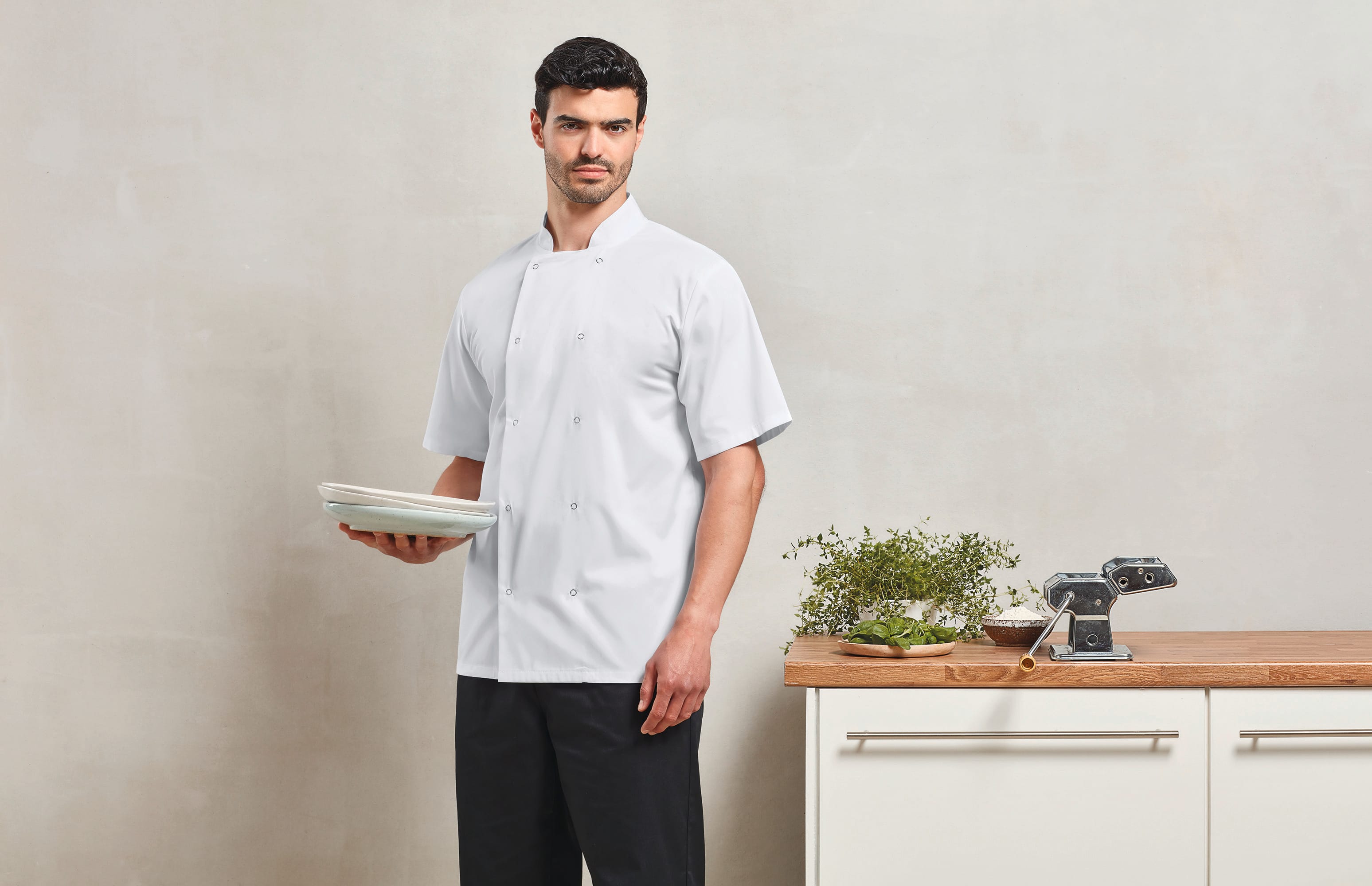 Chaqueta de cocina botones a presión manga corta