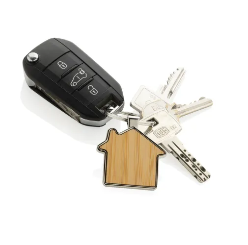 Llavero forma casa aleación de zinc reciclado RCS con bambú