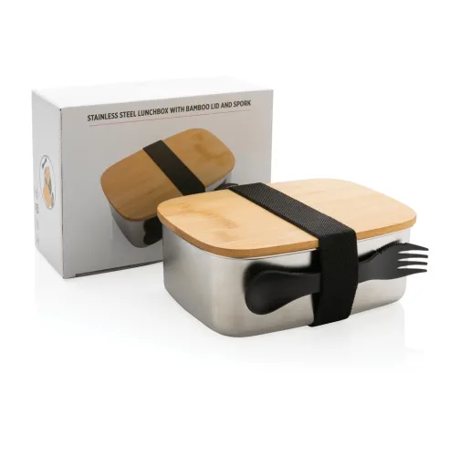 Fiambrera de acero inoxidable con tapa de bambú y cubiertos