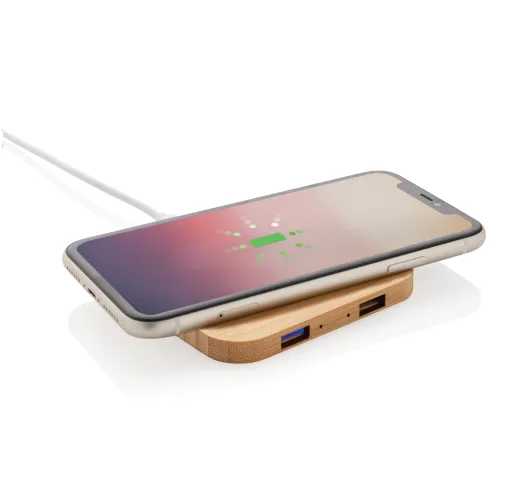 marron Cargador inalámbrico de 5W de bambú con USB