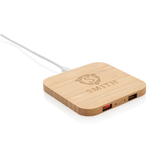 marron Cargador inalámbrico de 5W de bambú con USB