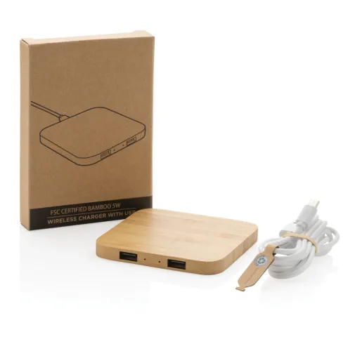 marron Cargador inalámbrico de 5W de bambú con USB
