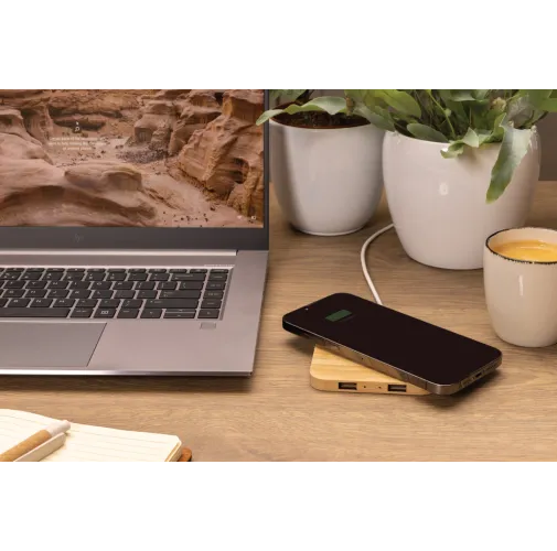 marron Cargador inalámbrico bambú 10W con USB