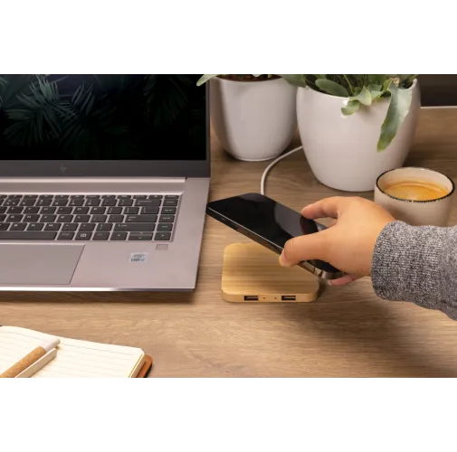 marron Cargador inalámbrico bambú 10W con USB