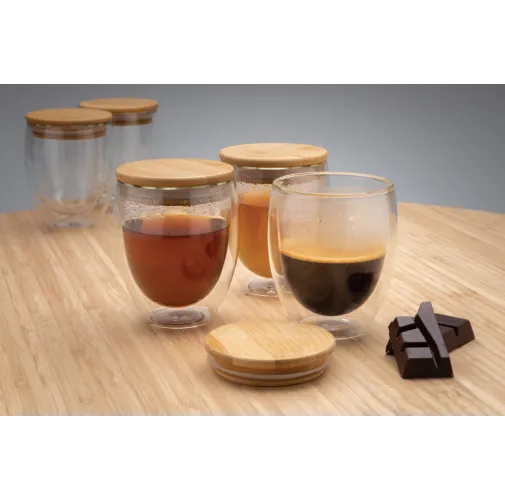 transparente Vidrio de borosilicato de doble pared con tapa de bambú 250m