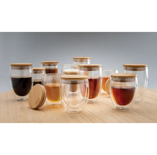 transparente Vidrio de borosilicato de doble pared con tapa de bambú 250m