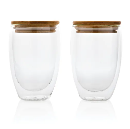 Vidrio de borosilicato de doble pared y tapa bambú 350ml