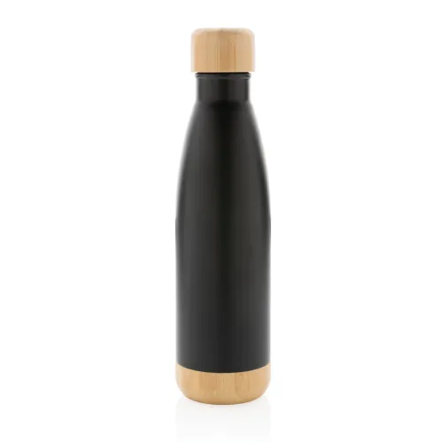 Botella acero inoxidable al vacío con tapa y fondo de bambú