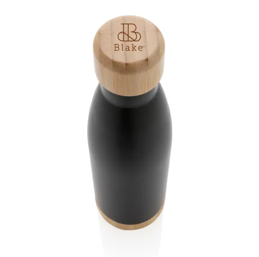 Botella acero inoxidable al vacío con tapa y fondo de bambú