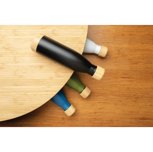 Botella acero inoxidable al vacío con tapa y fondo de bambú