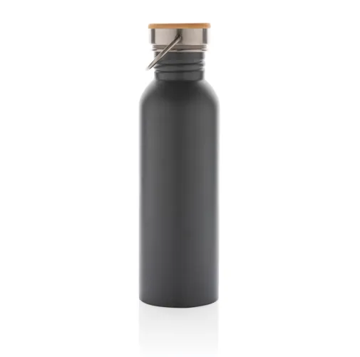 gris Botella moderna de acero inoxidable con tapa de bambú.