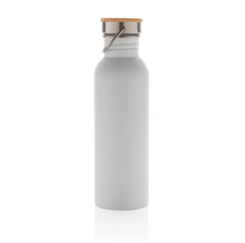 blanco Botella moderna de acero inoxidable con tapa de bambú.