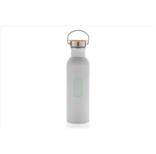 blanco Botella moderna de acero inoxidable con tapa de bambú.